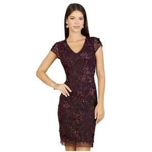 Lara 29179 Evening Dress Cap Sleeve Embellished Eggplant Size 4 Cocktail